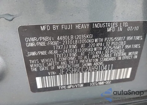 2010 Subaru Forester 2.5X Premium from USA, damaged, VIN JF2SH6CC2AH910411